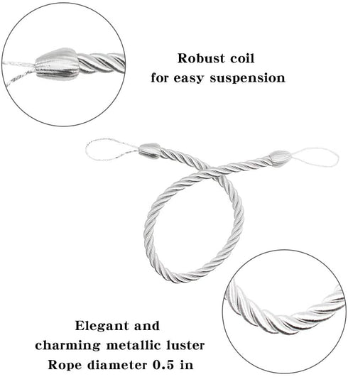BEL AVENIR Curtain Ropes Tiebacks Tie-Backs, Curtain Handmade Holdbacks with 2 Metal Screw Hooks - White 2 Pack