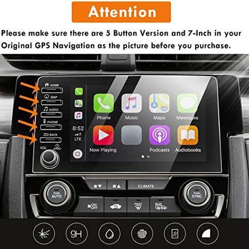 Moonlinks Tempered Glass Screen Protector Foil Compatible with Honda Civic 2019-2021 Touring Type R(5 Button Version),High Definition 9H Hardness Center Touchscreen Navigation Protective Film,7 inch