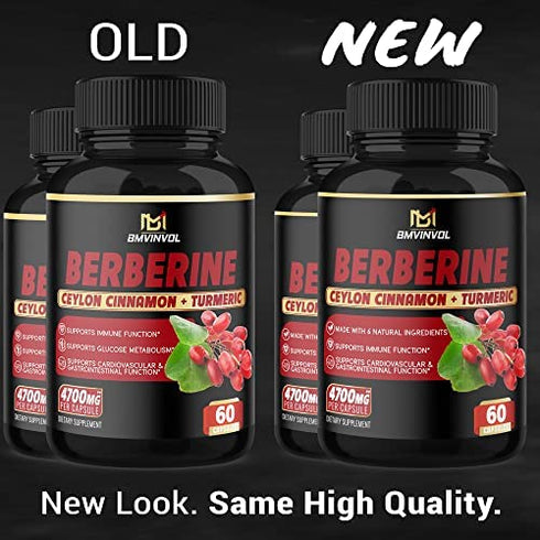 BMVINVOL (2 Packs) Berberine Supplement 4700mg Plus Ceylon Cinnamon, Turmeric - 120 Capsules - Supports Immune Function - Berberine HCl Supplement Pills - 4 Months Supply
