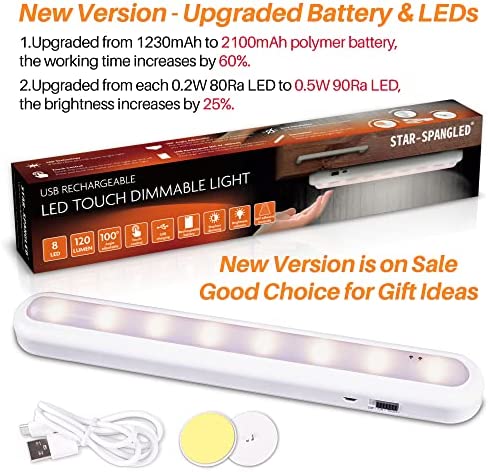 STAR-SPANGLED Dimmable Touch Light Bar Rechargeable, Built-in 2100mAh Battery Powered, USB Stick on LED Night Tap Light Indoor for Kitchen, Bedroom, Under Cabinet, Closet, Reading, Vanity, Warm White