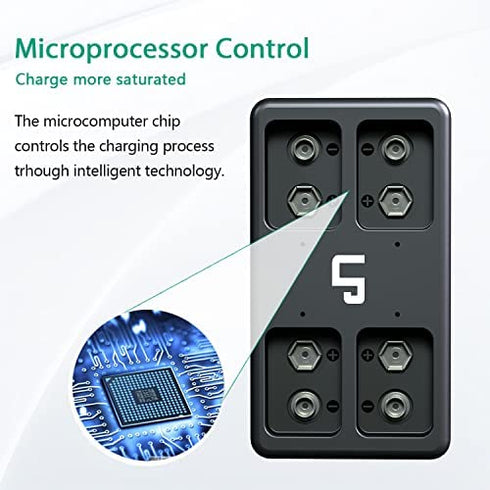 LP 9V Rechargeable Battery Charger Pack, 4-Pack 600mAh 9 Volt Li-ion Batteries & 4-Bay Battery Charger for Alarms, Wireless Microphones, Smoke Detectors, Toys, Flashlights, Guitar, Keyboard & More