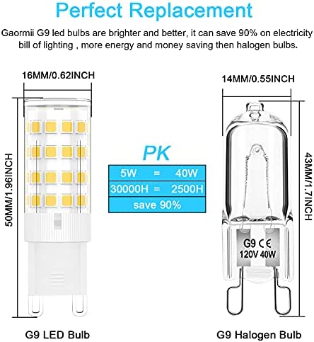 G9 LED Bulb, G9 Light Bulbs 5W (40W Halogen Equivalent), Daylight White 6000K G9 Bi Pin Base Chandelier Light Bulb, 120V 450LM Non-Dimmable LED Bulbs for Bedroom Home Lighting (6 Pack)