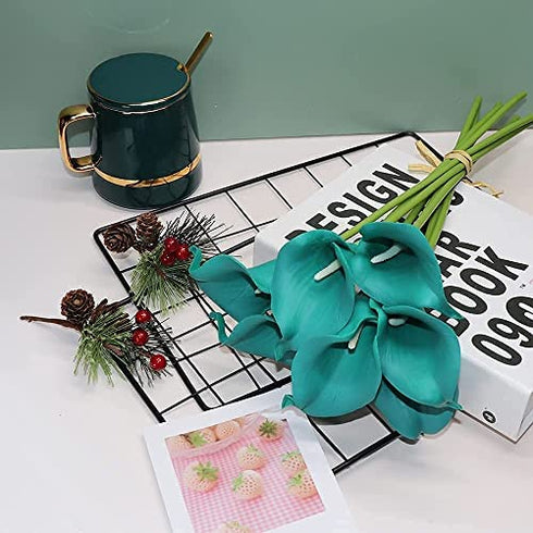 Mini 15" Artificial Calla Lily 10 Stem Bridal Bouquets Artificial Latex Real Touch Flowers for Home Party Decor (Teal Blue)
