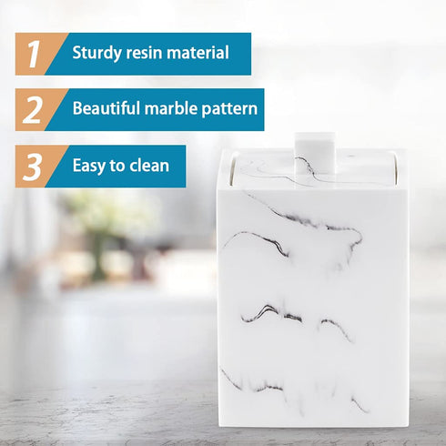 Sanbege 2 pcs Cotton Swab Holder with Lid, Resin Q-Tips Container, Cotton Ball Canister for Vanity, Dresser Counter, Bathroom Sink Organizer (White Marble)