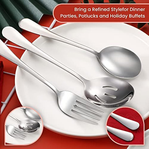 6 Pack Serving Spoons Set Includes 2 Serving Spoons 2 Slotted Serving Spoons and 2 Serving Forks Stainless Steel Buffet Dinner Restaurant Serving Spoons Set for Party Banquet, 8.7 Inch (Silver)