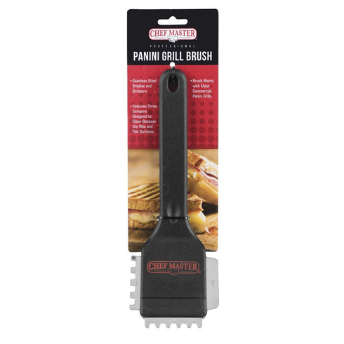 Chef Master Stainless Steel Panini Grill Brush with Scraper with Black Handle - 10"L x 3 1/2"H