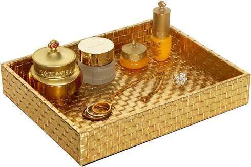 Gurfuy Rectangular Braided Gold Faux Leather Small Serving Tray 10" x 8" Modern Elegant Decorative Tray for Coffee Table Jewelry Perfume Organizer Living Dining Room Coffee Table Bathroom Office
