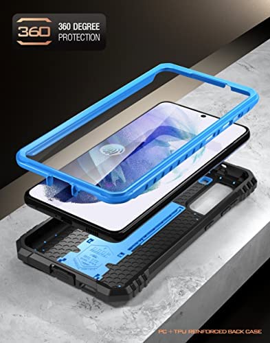 Poetic Revolution Series Case Designed for Samsung Galaxy S21 FE 5G, Built-in Screen Protector Work with Fingerprint ID, Full Body Rugged Shockproof Protective Cover Case with Kickstand, Blue