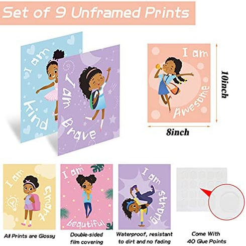 Outus 9 Pieces Girls Room Decor Black Girl Wall Painting Art Decor Motivational Black Girl Posters Girls Bedroom Motivational Art Paint for Kids Teen Girls Room Wall Decorations,Unframed, 8 x 10 Inch