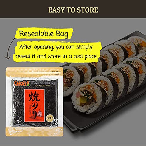 Daechun(Choi's1), Roasted Seaweed, Gim, Sushi Nori (50 Full Sheets), Resealable, Gold Grade, Product of Korea