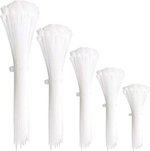 Oksdown 300pcs White Zip Ties Assorted Sizes 4/6/8/10/12 Inch Clear Plastic cable ties from Small to Large Heavy Duty Nylon tie Wraps Multi-Purpose Variety Wire Ties