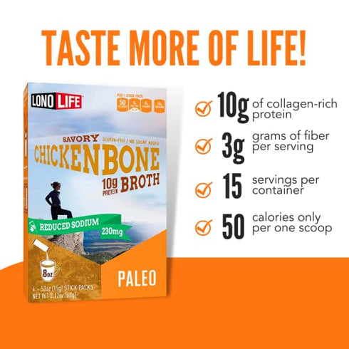 LonoLife - Reduced Sodium Chicken Bone Broth Sticks - 10g Collagen Protein - Gluten-Free - Keto & Paleo Friendly - Portable Individual Packets - 4 count