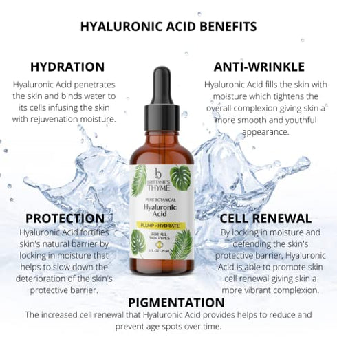 Brittanie's Thyme Pure Hyaluronic Acid Serum for Face | Anti-Aging Serum for Fine Lines & Wrinkles | Intense Plumping and Hydration | Repairs Dry Skin with Highest Concentration of Hyaluronic Acid.
