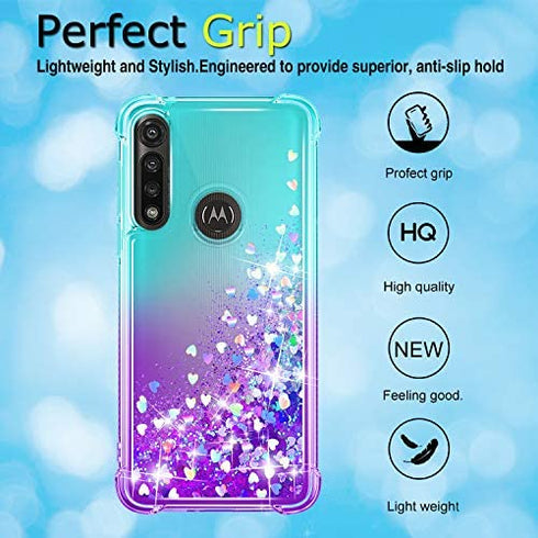 Gritup Moto G Power Case, Motorola G Power Phone Case with HD Screen Protector for Girls Women, Cute Clear Gradient Glitter Liquid TPU Slim Phone Case for Motorola Moto G Power Teal/Purple
