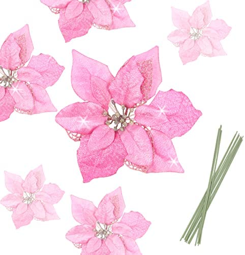Festivous Wishel Pack of 12 Glitter Artificial Wedding Christmas Flowers Glitter Poinsettia Christmas Tree Ornaments (Pink)