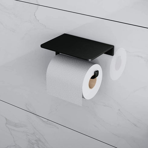 UDENIS Toilet Paper Roll Holder with Phone Shelf Wall Mounted for Bathroom Washroom Hotel Black Sturdy Anti-Rust Aluminum Brushed Finish with Stuff Shelf Tissue Organizer
