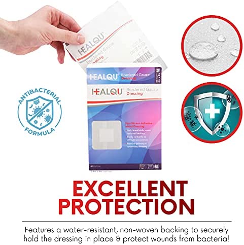 HEALQU Bordered Gauze Island Dressing - 50 Count, 2.4"x4" Sterile Individually Wrapped Gauze Pads with Water-Resistant, Non-Woven Backing - Soft and Breathable Wound Dressing for First Aid & Medical