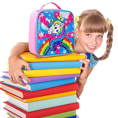 Unicorn Lunch Box, Girls Insulated Bag, Kids Reversible Sequin Flip Color Change