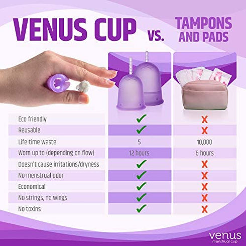Venus Large Menstrual Cup – High Capacity for Heavy Flow – Made in USA – 100% Medical Grade Silicone Reusable Period Cup – for High Cervix - Unique Design to Ease Your Period Cycle | Purple