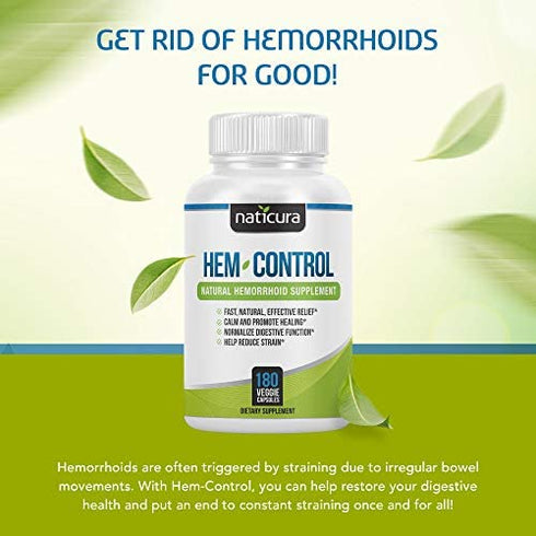Naticura Hem-Control - Natural Treatment for Hemorrhoids with Psyllium Husks, Witch Hazel, Ginger Root - Vegan - 180 Count - Helps Maintain Bowel Movement Regularity - Digestive Support