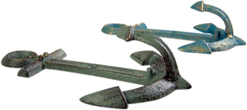Primitive Blue and Grey Cast Iron Anchor Wall Hooks, 7 1/2 Inches, Set of 2