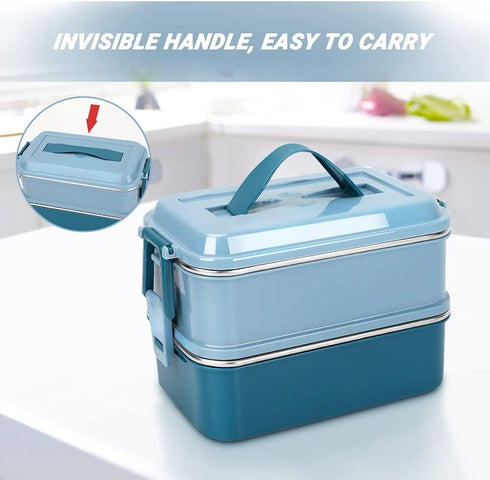 welltop Bento Box, 1400ML Large Capacity Bento Lunch Boxes Leakproof Stainless Steel Food Storage Container Modern Bento-Style Design Includes 2 Stackable Containers for Adults Kids (Blue)