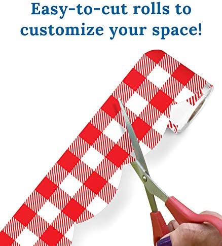 Schoolgirl Style Woodland Whimsy Red and White Bulletin Board Borders, 36 Feet of Scalloped Gingham Classroom Borders for Bulletin Board, White Board, Cork Board, Red & White Desk, Classroom Decor