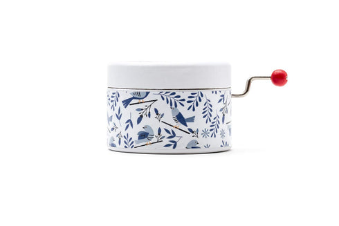 Round manual music box with songbirds design and Chim Chim Cheree melody from the movie Mary Poppins