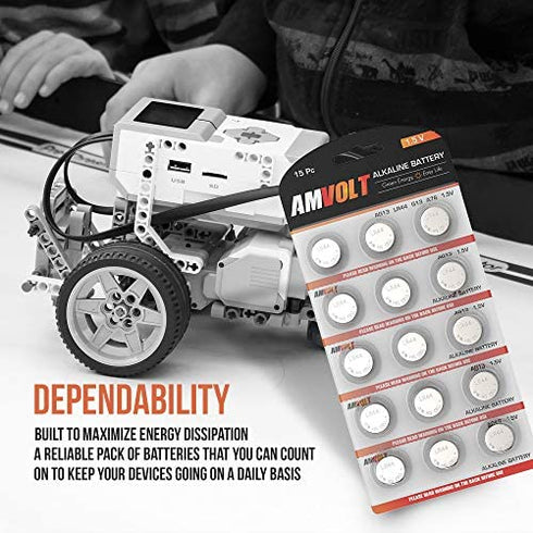 AmVolt- Pack of 15 LR44 Batteries AG13A76 Battery, Premium Alkaline Ultra Power Non Rechargeable Button Battery, 1.5 Volt Small Batteries for Remotes Games Controllers Toys & Electronic Devices