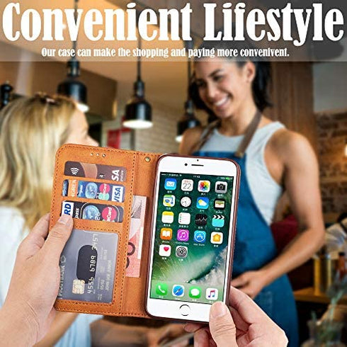 KUDEX iPhone 7 Plus Wallet Case for Women,iPhone 8 Plus Case, Flip Leather Shockproof Magnetic Zipper Pocket Wallet Purse Case w/Stand Card Slot Holder Wrist Strap for iPhone 7 Plus/8 Plus (Brown)