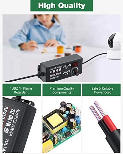 JOVNO Universal Power Supply 3V-24V 2A 48W Adjustable AC/DC Adapter 100~240V AC to DC 5V 9V 12V 15V 19V 20V with LED Display 14 Plugs 1 Reverse Polarity Converter Cable for LED Strips Motors Speaks