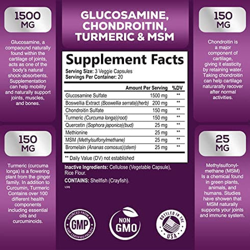 Glucosamine with Chondroitin Sulfate, Turmeric, MSM, Boswellia - Triple Strength Joint Support Supplement - Support for Joint Health and Mobility - Includes Quercetin, Bromelain - 60 Capsules