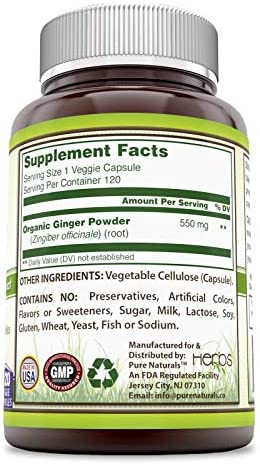 Pure Naturals Ginger Root Supplement - 550mg Capsules - Easy to Swallow Capsule - Commonly Used Natural Remedy for Nausea Due to Pregnancy & Other Conditions - 120 Pills Per Bottle