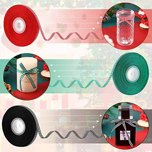 3 Rolls 75 Yards Gingham Ribbon Buffalo Woven Edge Ribbon with 10 M Twine Rope, Taffeta Ribbon Wrapping Plaid Ribbons for Hair Accessories Craft and Christmas Wrapping (4 Pieces)