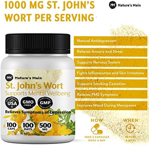 St Johns Wort Capsules Natural Relaxation Supplements, Mood Enhancer ? Max Strength 1000 mg ? 100 St Johns Wort Happy Pills