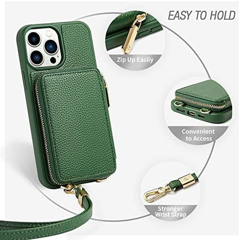 ZVE iPhone 12 Pro/iPhone 12 Zipper Wallet Case, Crossbody Phone Case with Credit Card Holder Wrist Strap Purse Cover Gift for Women Compatible with iPhone 12 Pro/iPhone 12?6.1 inch?-Dark Green