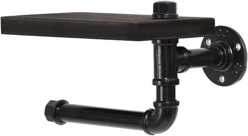 NEX Industrial Toilet Paper Holder, Wall Mounted Toilet Roll Tissue Holder Stand with Wooden Shelf for Bathroom, Espresso