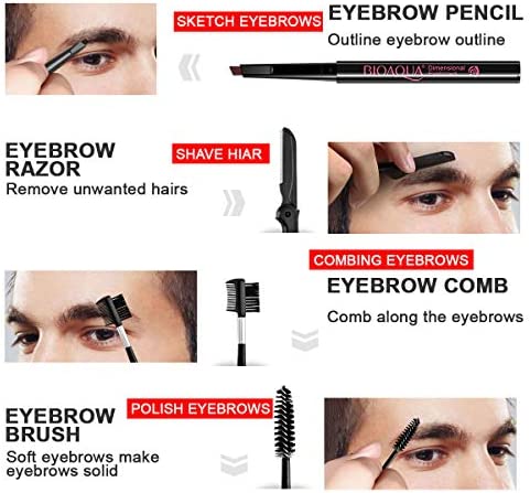 SENXILLER Eyebrow Kit Razor Pencil Brush Stencil Scissors Tweezers Grooming Kit with Mirror for Men and Women (Dark Brown Eyebrow Pencil)