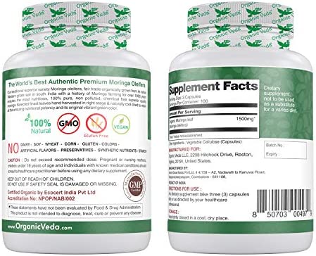 Organic Veda Moringa Capsules – 100% Pure Moringa Supplement Made from Organic Raw Dried Moringa Leaf - Non-GMO Whole Green Super Food Nutrition (300 Count)