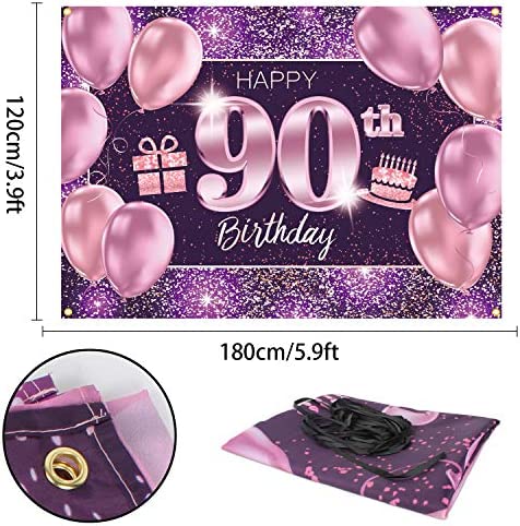 PAKBOOM Happy 90th Birthday Banner Backdrop - 90 Birthday Party Decorations Supplies for Women - Pink Purple Gold 4 x 6ft