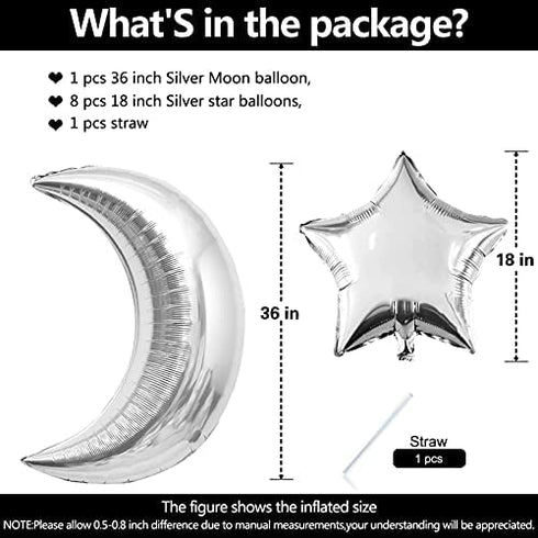 Silver Moon Star Shape Balloons Big Size Jumbo Mylar Foil Helium Balloons Celebrations for Baby Shower Bar Theme Valentines Engagement Wedding Decors Anniversary Birthday Decorations Party Supplies
