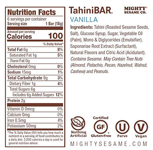 Mighty Sesame TahiniBars, Variety Pack (18 Bars) | 6 Pistachio - 6 Vanilla - 6 Cocoa Nibs | 100 Calorie Mini Halva Bars | Individually Wrapped