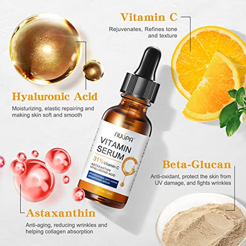 Vitamin C Serum for Face 2oz 31% Vitamin C Facial Moisturizer Serum Anti Aging Serum Reduces Age Spots and Sun Damage Natural Brightening Serum with Hyaluronic Acid and Astaxanthin