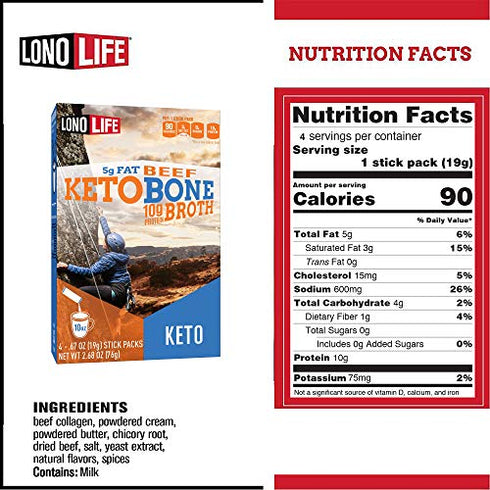 LonoLife Keto Beef Bone Broth Powder, 5g fat, 10g Protein, Paleo and Keto friendly, Stick Packs 4 Count