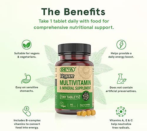 DEVA Tiny Tablets Vegan Multivitamins for Women & Men, Multivitamin with Iron, Mineral Supplement, Vitamin C, Vitamin B Complex, Vitamin B12, Vitamin E, Zinc, Gluten Free, 90 Tablets (Pack of 2)