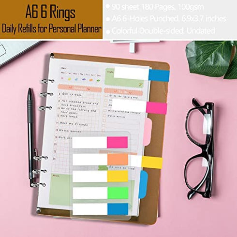 Rancco A6 Planner Inserts Daily Planner Refills, 90 Pages Colorful 6-Ring Loose-leaf Binder Planner Inserts w/ Divider, PVC Pouch, Ruler, Index Tab for Journal, Filofax, Double-sided, Undated,6.9x3.7"