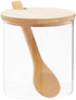 Small Glass Condiment Containers with Lids, Spoons, and Bamboo Wood Base (10oz, 3 Pack)