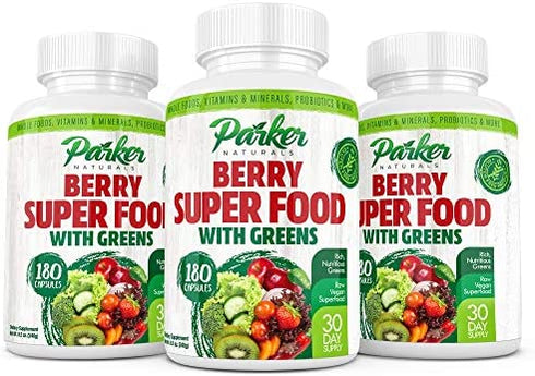 Parker Naturals Berry Green Superfood Capsules 180 ct. with Organic Greens & Organic Fruits, Enzymes, Probiotics, Antioxidants, Vitamins, Minerals - Alkalize & Detox - Non GMO, Vegan & Gluten Free