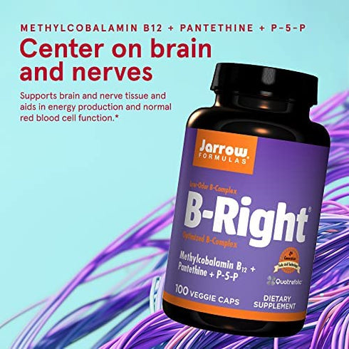 Jarrow Formulas B-Right - 100 Veggie Caps - Low-Odor Vitamin B-Complex Formula - Energy & Metabolism Support - Promotes Brain, Heart & Cardiovascular Health - 100 Servings