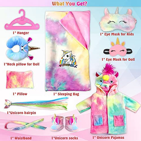 WONDOLL 18-inch Doll-Clothes and Doll-Sleeping-Bag Set - 10 Pcs Unicorn Pajama with Sleepover Masks & Pillow